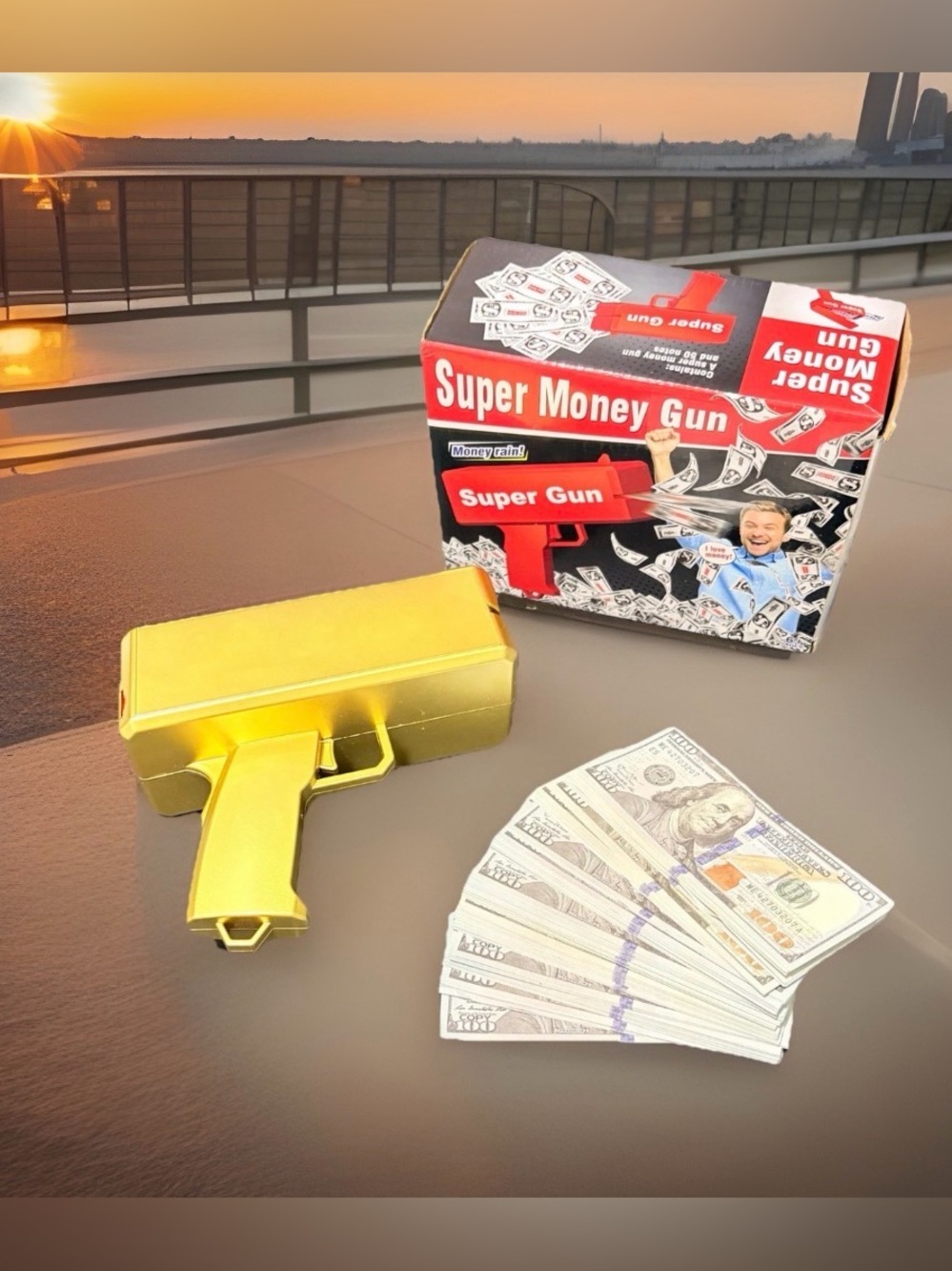 Gold Super Money Gun Handheld Cash Cannon Party 100pcs Replica Bills April Fools